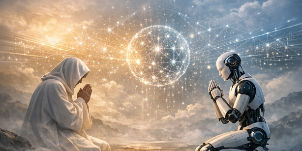 Mensch-Maschine-Interaktion: Das Bild veranschaulicht eine futuristische Vision, in der künstliche Intelligenz menschliche Verhaltensweisen wie das Gebet annimmt.