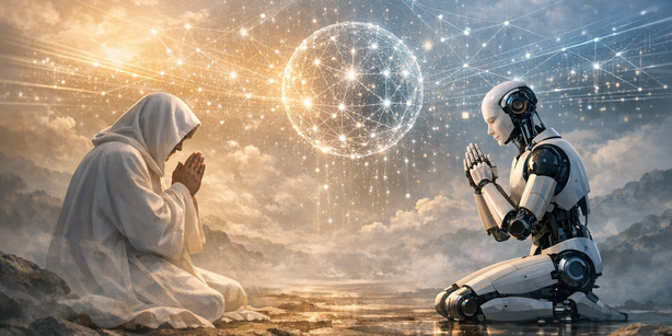 Mensch-Maschine-Interaktion: Das Bild veranschaulicht eine futuristische Vision, in der künstliche Intelligenz menschliche Verhaltensweisen wie das Gebet annimmt.